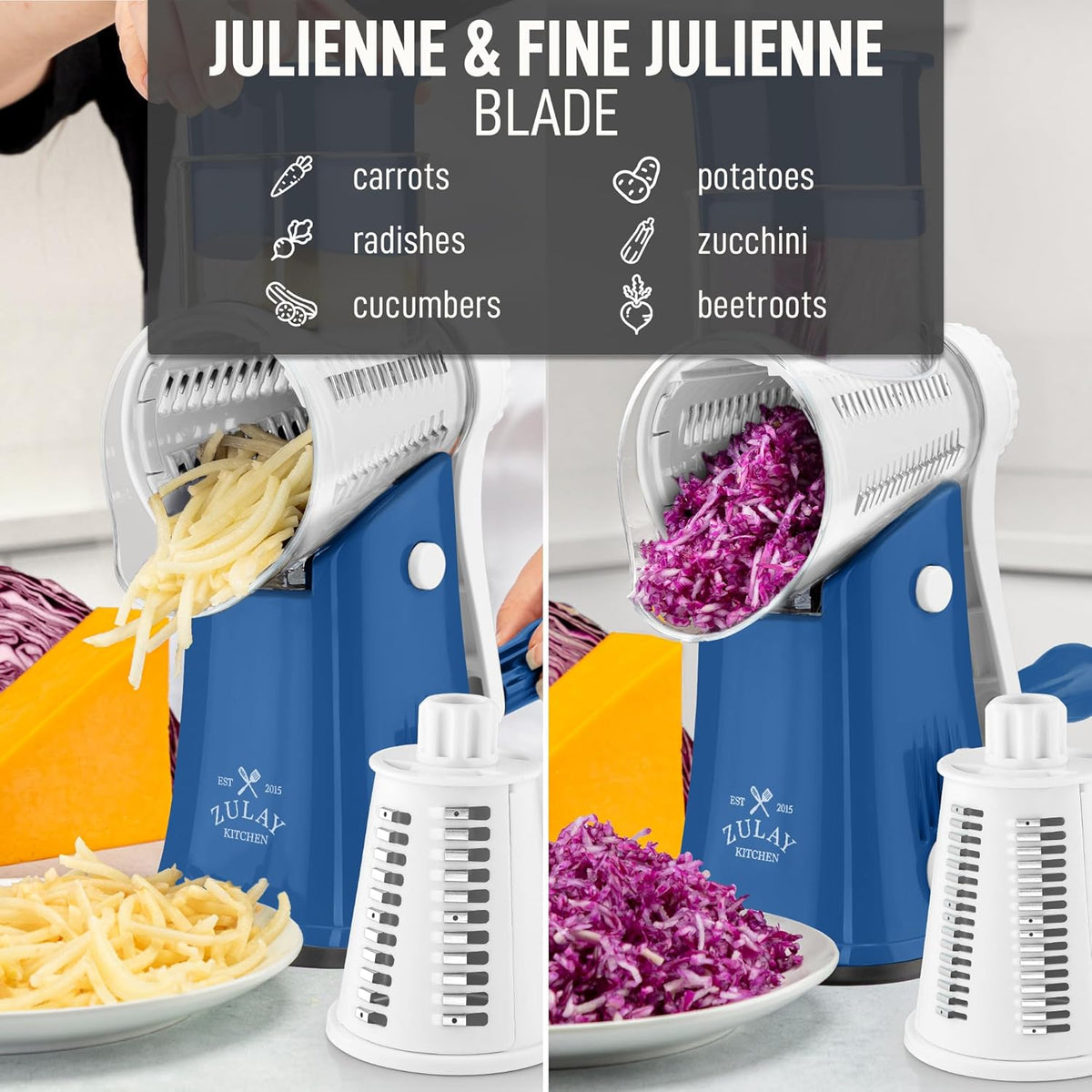 Zulay Kitchen Rotary Cheese Grater 5 Blade Cheese Shredder - Manual Hand Crank Cheese Grater With Reinforced Suction & 5 Interchangeable Drums - Easy to Use, Vegetable Chopper Round Mandoline Slicer