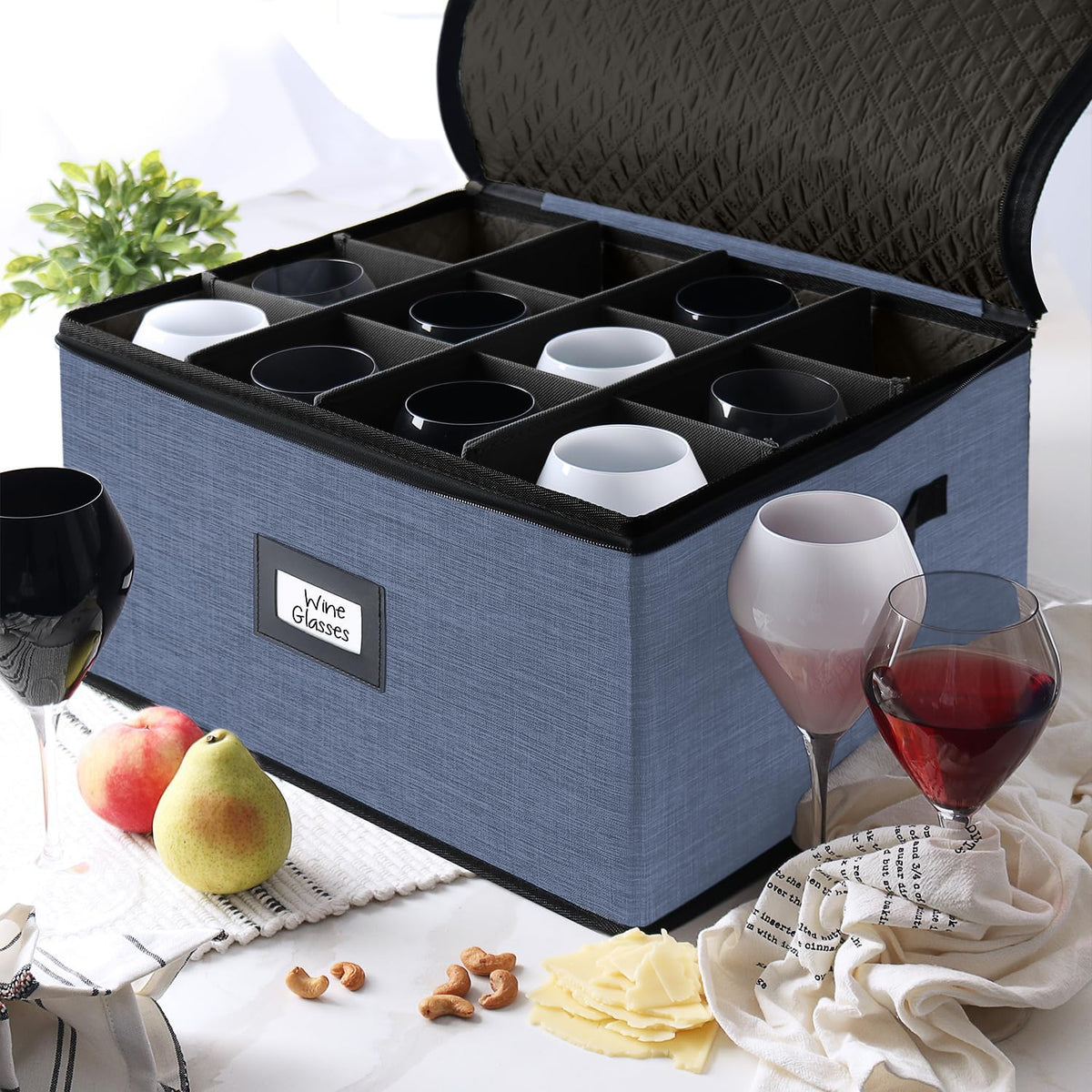 Hearth & Harbor Wine Glass Storage Box with Dividers, Quilted and Stackable Stemware Storage Cases, Service of 12 Glass China Container Hard Shell for Moving and Organization, Blue