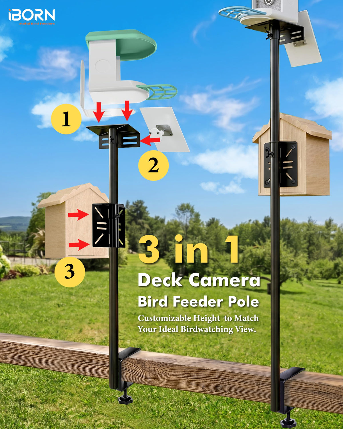 iBorn Bird Feeder Pole for Deck C-Clamp On Railing Mount Camera Bird Feeder Pole 3in1 Compatible Deck Mount Poles for Outdoors Adjustable Bird House Bracket Mount Kit Universal for Smart Feeder