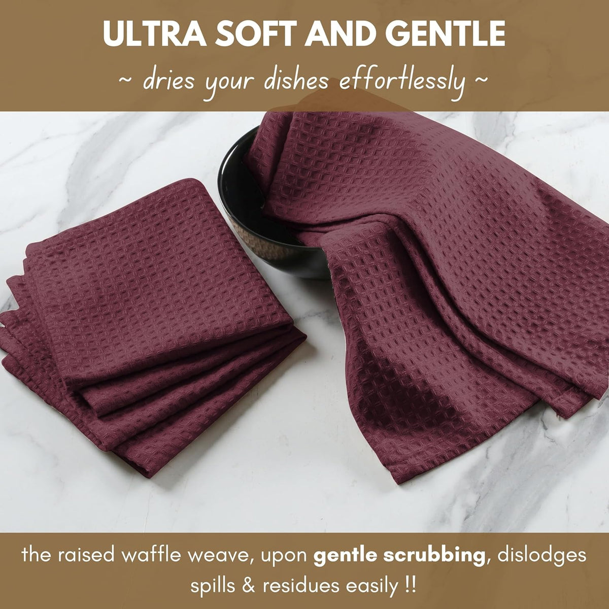 Native Fab Cotton Kitchen Towel with Hanging Loop 16x26 inches, 4-Pack, Waffle Weave Kitchen Towels for Cleaning Drying, Washcloths Soft & Absorbent Cloth Rags, Bar Towel, Dish Cloth, Burgundy Wine