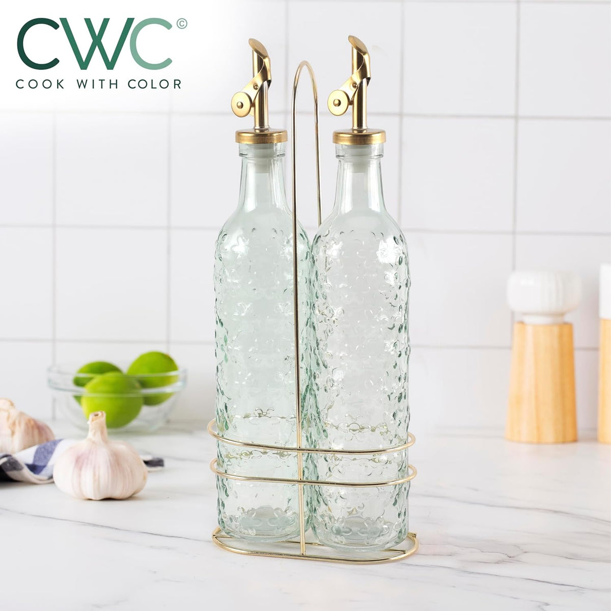 COOK WITH COLOR Glass Olive Oil Bottle Dispenser - 2 Pack- 17oz Oil and Vinegar Cruet - Olive Oil Carafe Decanter for Kitchen