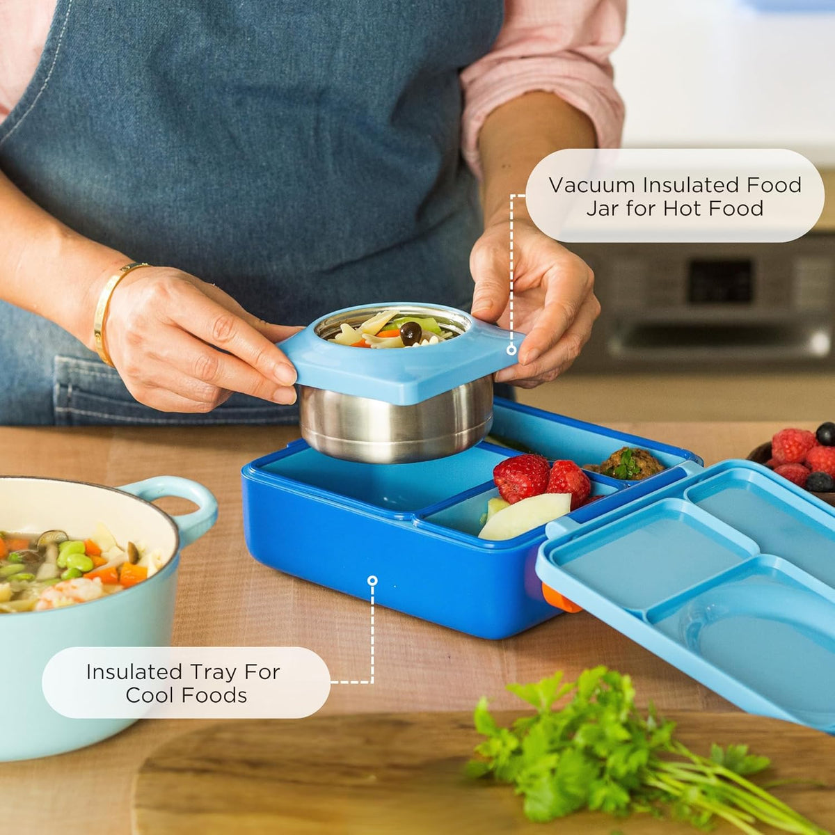OmieBox Bento Box for Kids - Insulated Bento Lunch Box with Leak Proof Vacuum Insulated Food Jar - 3 Compartments, Two Temperature Zones (Blue Sky)