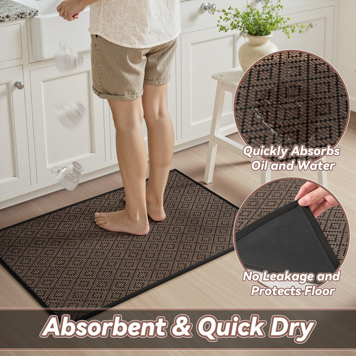 PADOOR Kitchen Floor Mat, Rubber Backed Kitchen Rugs Non Slip Washable, Super Absorbent Kitchen Mats for Floor Front of Sink, 17"x24", Black