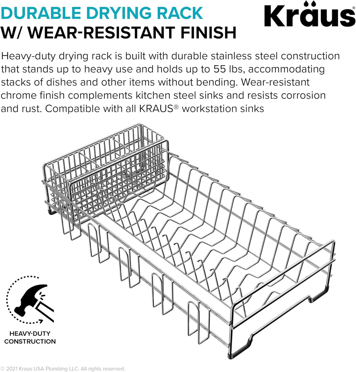 Kraus Workstation Kitchen Sink Dish Drying Rack Drainer and Utensil Holder, 17" L x 9" W, Stainless Steel, KDR-3