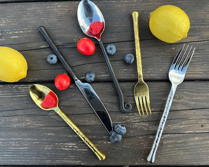 Glam Forged 20-Piece Titanium Gold Silverware Set, 18/10 Stainless Steel Flatware Service for 4, Shiny Gold Flatware, Unique Cutlery Set for Home Kitchen Restaurant Wedding, Dishwasher Safe