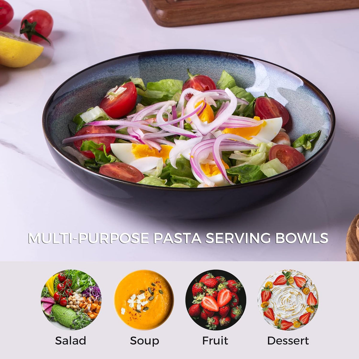 LERATIO Large Pasta Bowls,38oz Ceramic Pasta Bowls,9.0" Reactive Glaze Pasta Bowl Set of 6,Microwave & Dishwasher,Oven Safe,Wide Serving Bowls for Salad,Pasta,Fruit,Scratch Resistant-Gray White