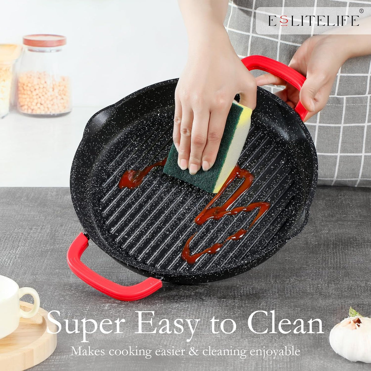 ESLITE LIFE Nonstick Grill Pan for Indoor Cooking, Versatile Induction Square Large Grilling Skillet Steak Pan for Stove Tops, PTFE & PFOA Free (Black, 11" w/Round & Lid & Tongs)