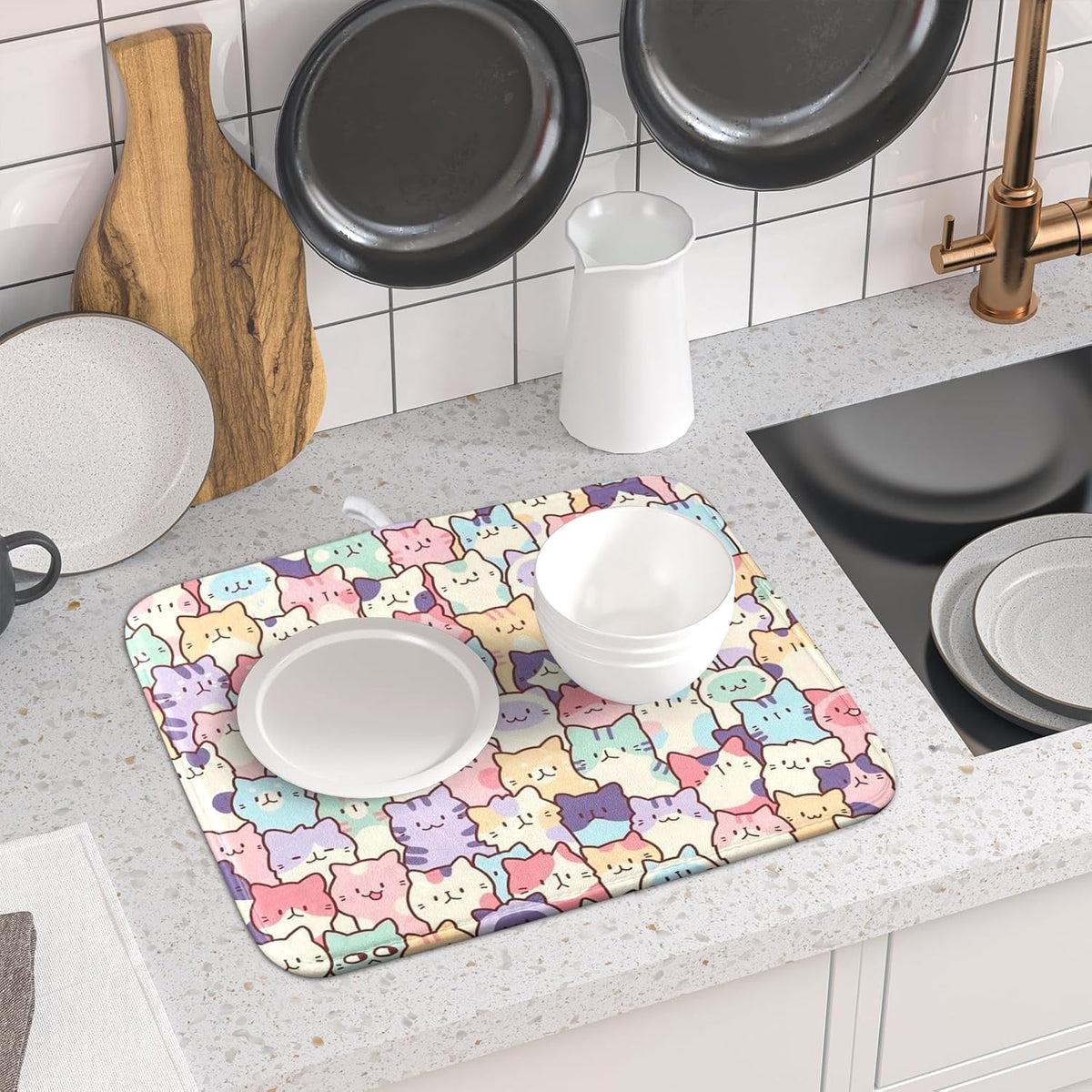 Colorful Cats Dish Drying Mat 16x18 inch Cute Animal Microfiber Reversible Fast Dry Dishes Drainer Rack Pad for Counter Kitchen Table Decor