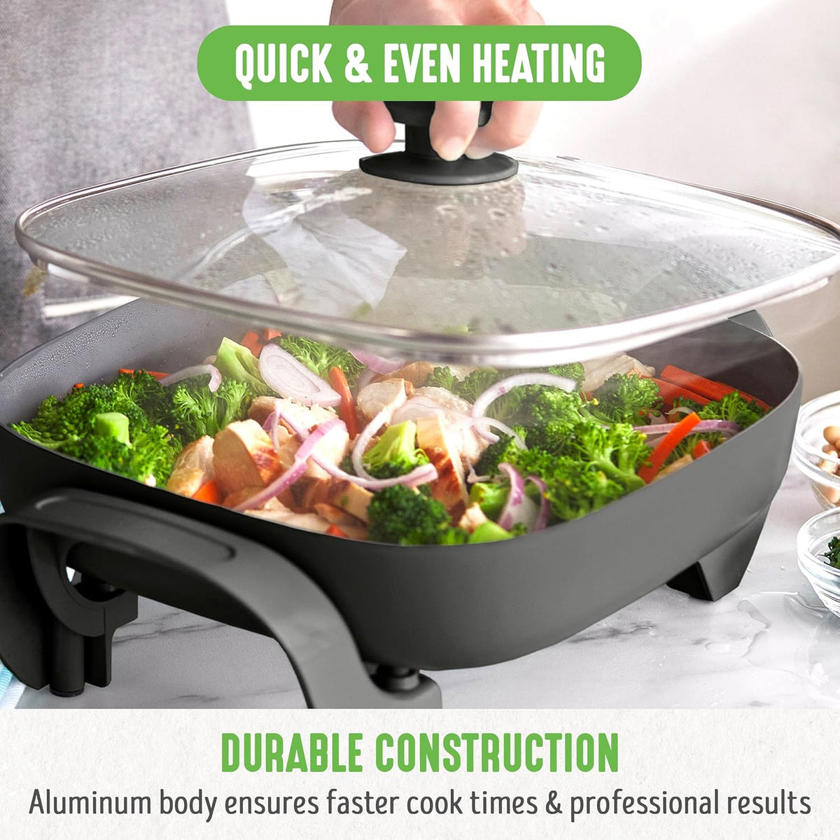 GreenLife 12" 5QT Square Electric Skillet, Glass Vented Lid, Ceramic PFAS-Free Nonstick Coated Interior, Adjustable Temperature Control, Cool Touch Handles, Quick Even Heating, Scratch Resistant,Black