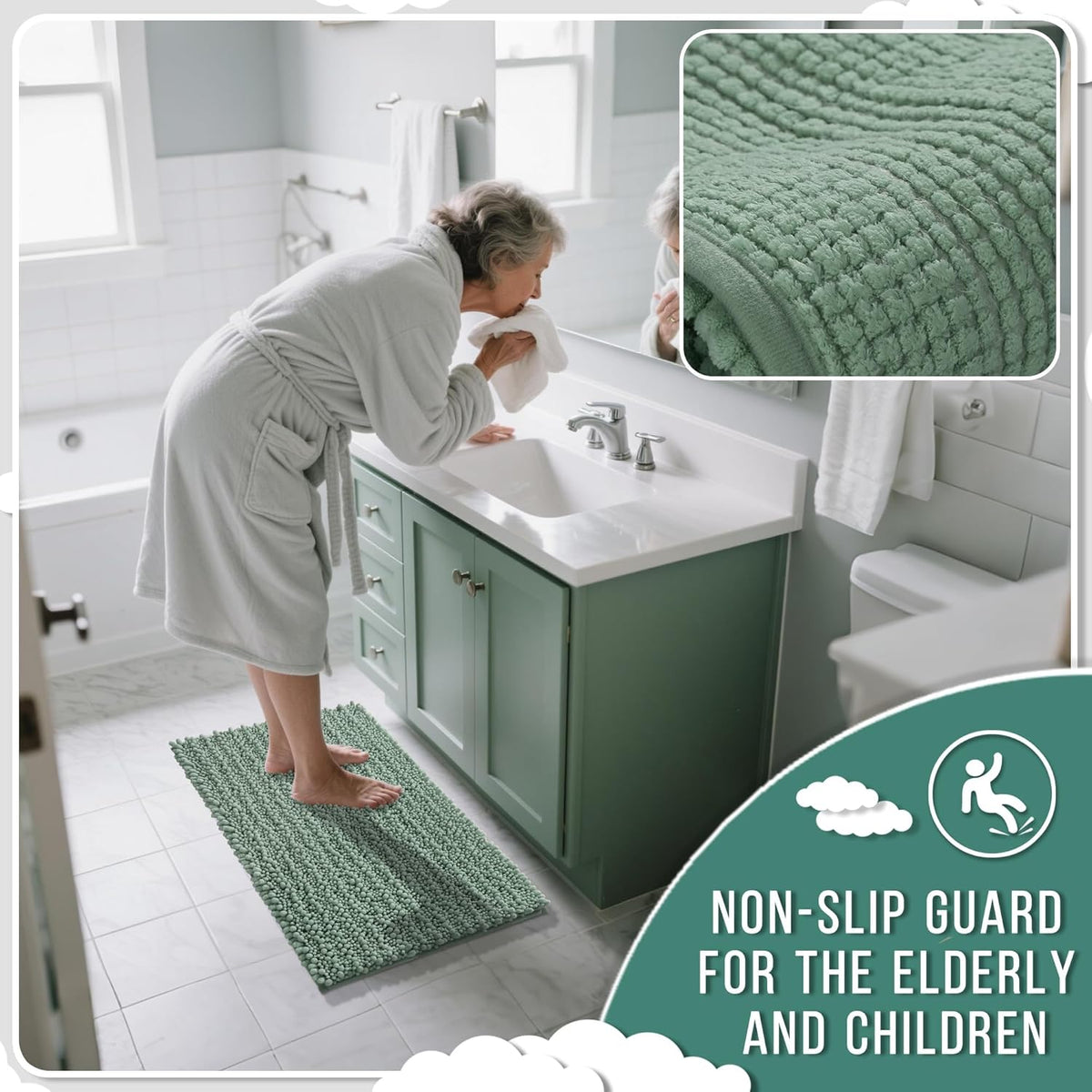 Yimobra Long Bathroom Rugs Non Slip Washable 44x24 Inch - Ultra Soft Absorbent Chenille Bath Mat, Quick Dry Shaggy Floor Carpet for Tub Shower, Green Home Decor Accessories