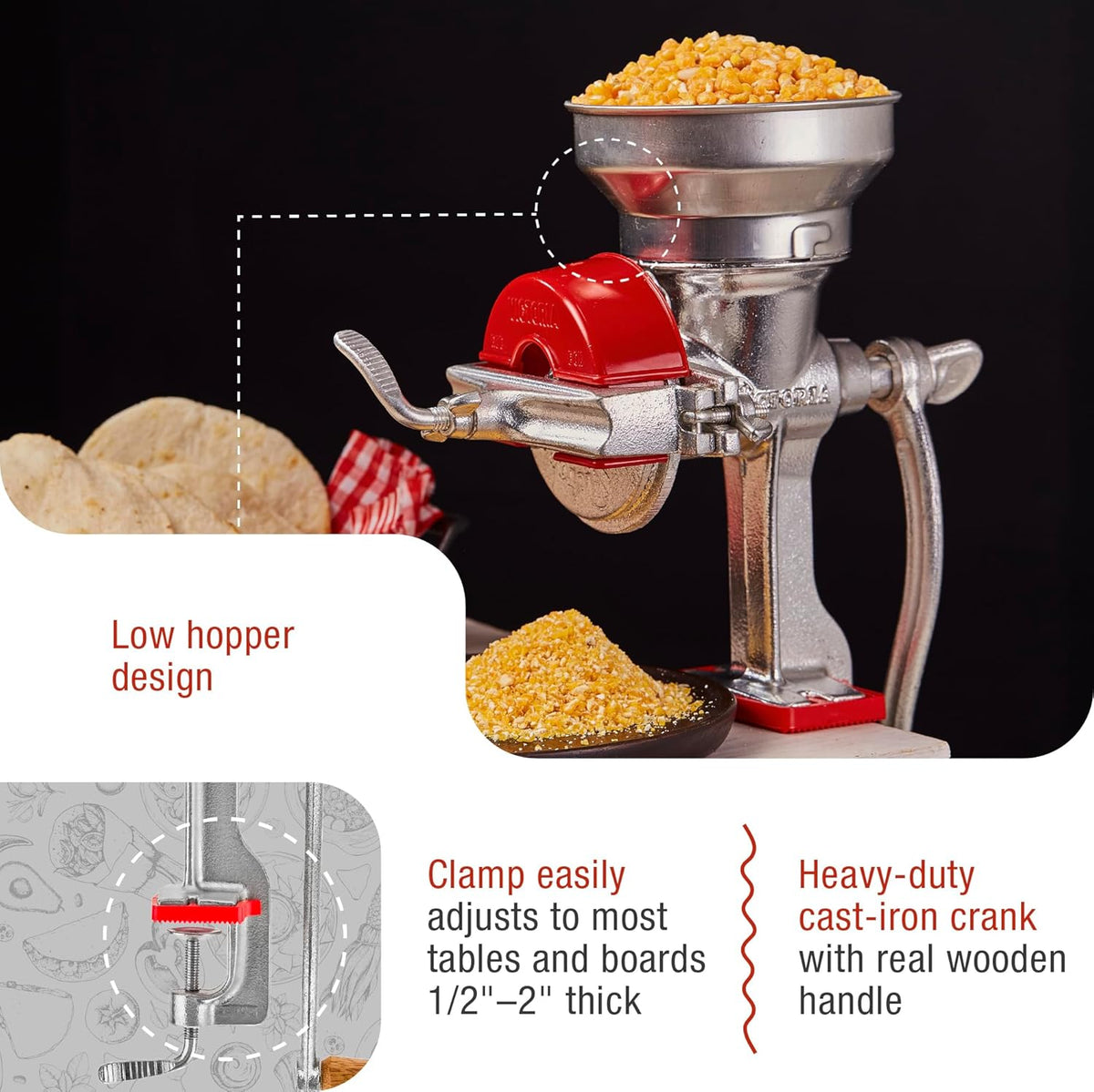 Victoria Manual Cast Iron Grain Mill with Low Hopper, Premium Corn-Grinding Mill and Grain Grinder, Made in Colombia
