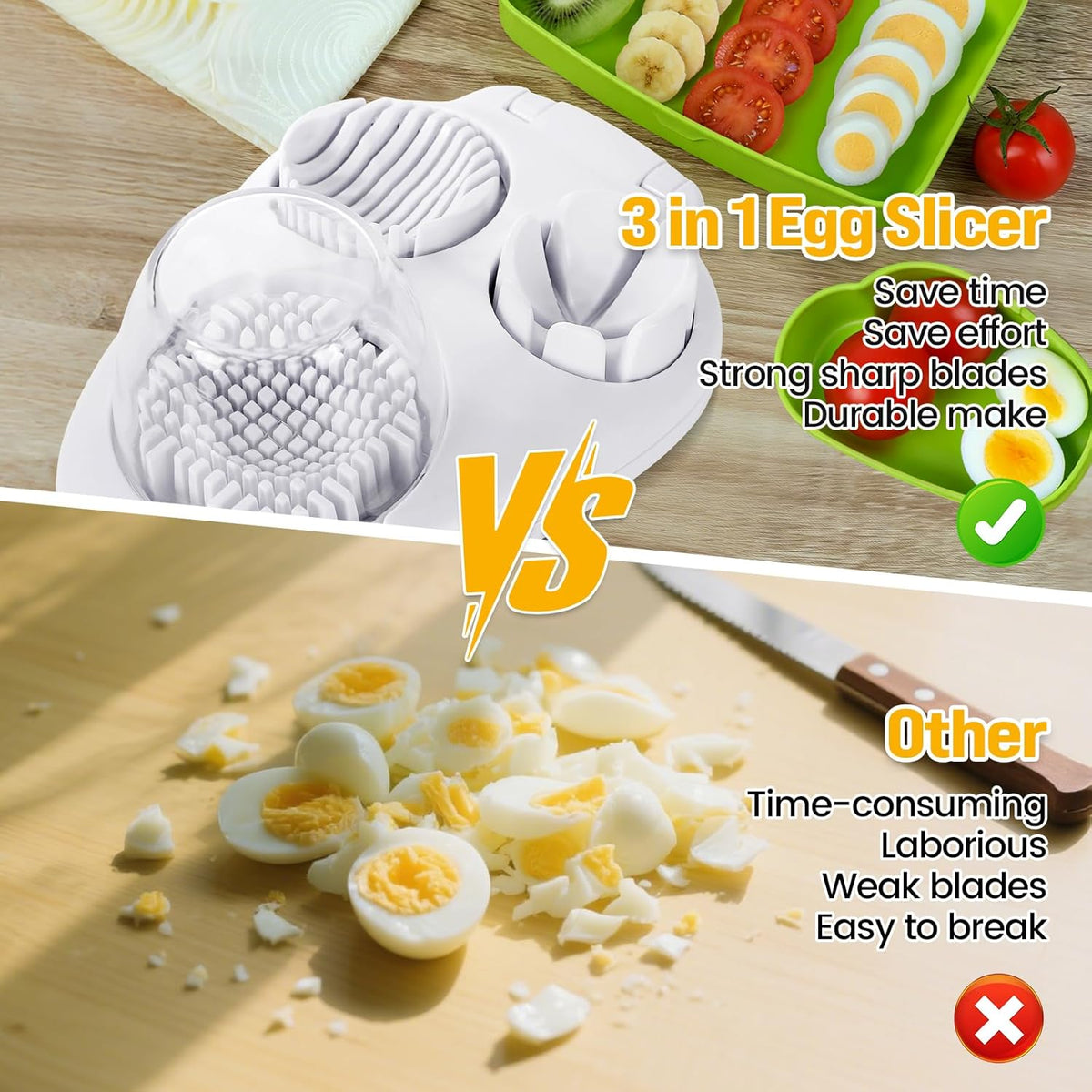 Nbippiooiwip 3-In-1egg Slicer For Hard Boiled Eggs,egg slicer 3 ways,Stainless Heavy Duty Steel Egg Slicer Kitchen Gadget, Fit Strawberry,Apple,Banana,Cherry,Tomato,White