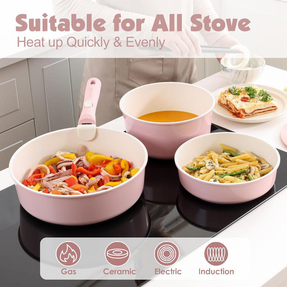 SENSARTE 17 Piece Ceramic Pots and Pans Set, Nonstick Detachable Handle Cookware, Induction Kitchen Cookware Set with Removable Handle, Dishwasher & Oven Safe (Pink)