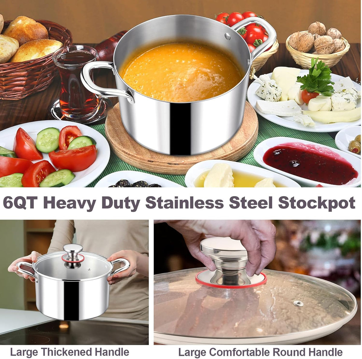 LIANYU 6QT 18/10 Stainless Steel Stockpot with Lid, Tri-Ply Heavy Duty Soup Cooking Pasta Canning Pot, 6 Quart Boiling Strew Simmer Induction Pot, Dishwasher Safe Cookware