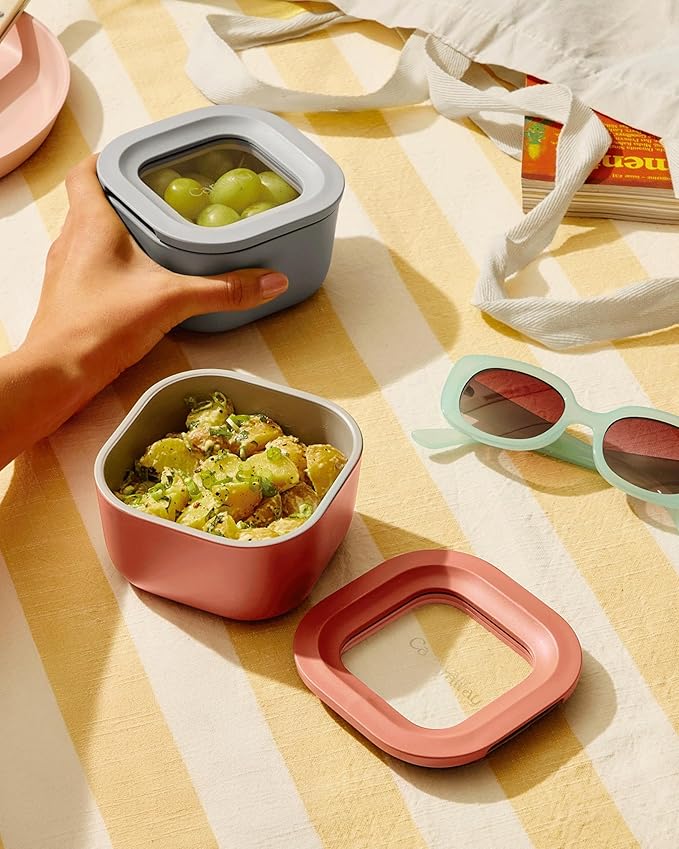 Caraway 2pc Glass Food Storage Set - 1.75 Cup Food Containers (2) - Non-Toxic Ceramic-Coated Glass - Air Release Technology - Compact & Stackable Design - Mist