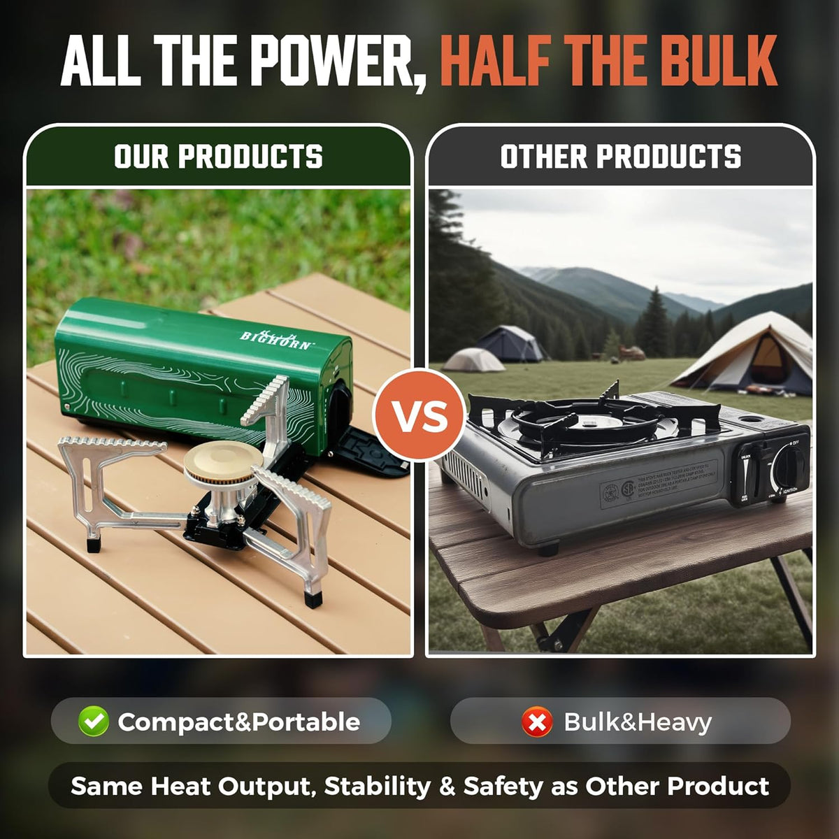 BIG HORN OUTDOORS Butane Camping Stove, Portable Folding Gas Burner with Carry Bag for Camping, Emergency Use and Outdoor Cooking