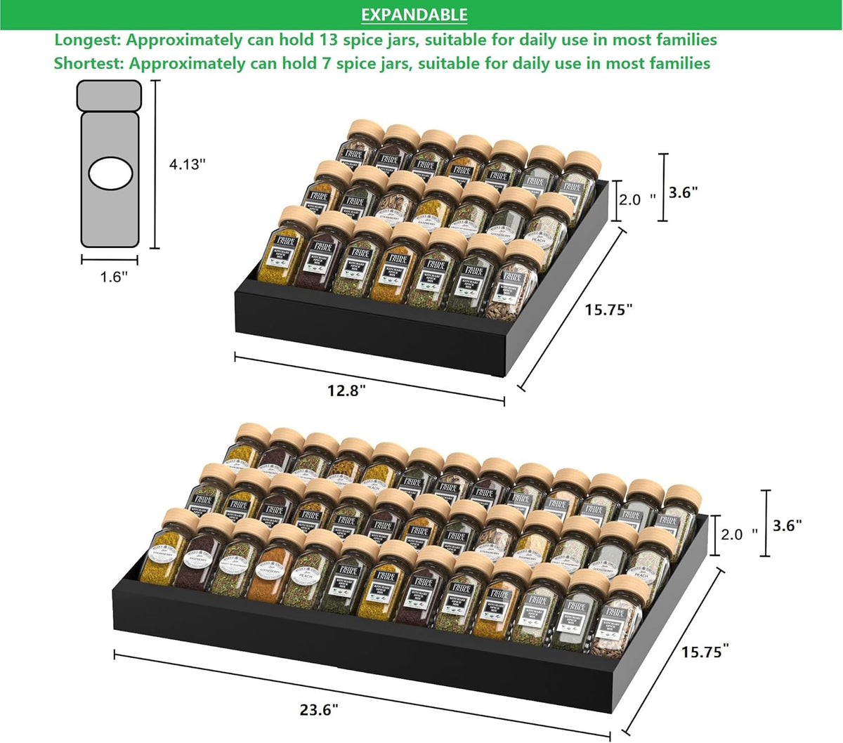 Expandable Metal Spice Drawer Organizer,3-Tier Slanted Seasoning Jars Tray for Kitchen Cabinet Drawers Insert/Countertop (Jars not included)-3Tier,2packs/Black