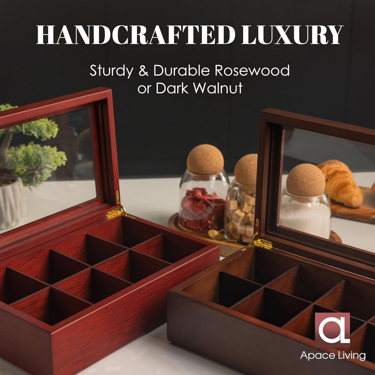Tea Box - Luxury Wooden Tea Bag Organizer from The Apace Premier Collection - 8 Compartment Tea Storage Chest Container - Elegantly Handmade w/Scratch Resistant Window