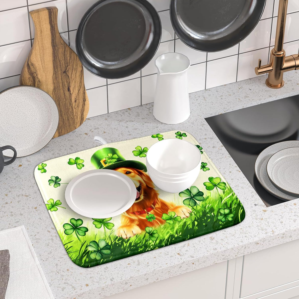 St Patrick's Day Dog Dish Drying Mat 16x18 inch Green Shamrock Dishes Pad Absorbent Microfiber Dish Drainer Mat for Kitchen Counter Coffee