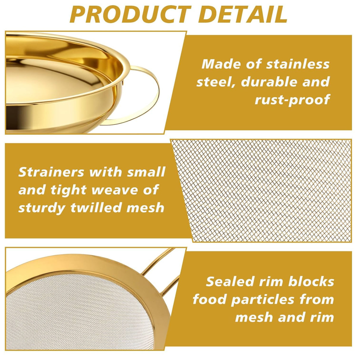 Boao 4 Pieces Stainless Steel Funnels with Fine Mesh Strainer, Household Kitchen Canning Funnels with Stainless Steel Colander (Gold)