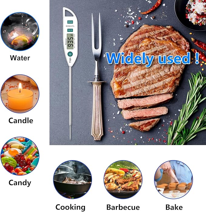 BOMATA Waterproof IPX7 Thermometer for Water, Liquid, Candle and Cooking. Instant Read Food Thermometer with Long Probe for Cooking, Meat, BBQ! T101 White