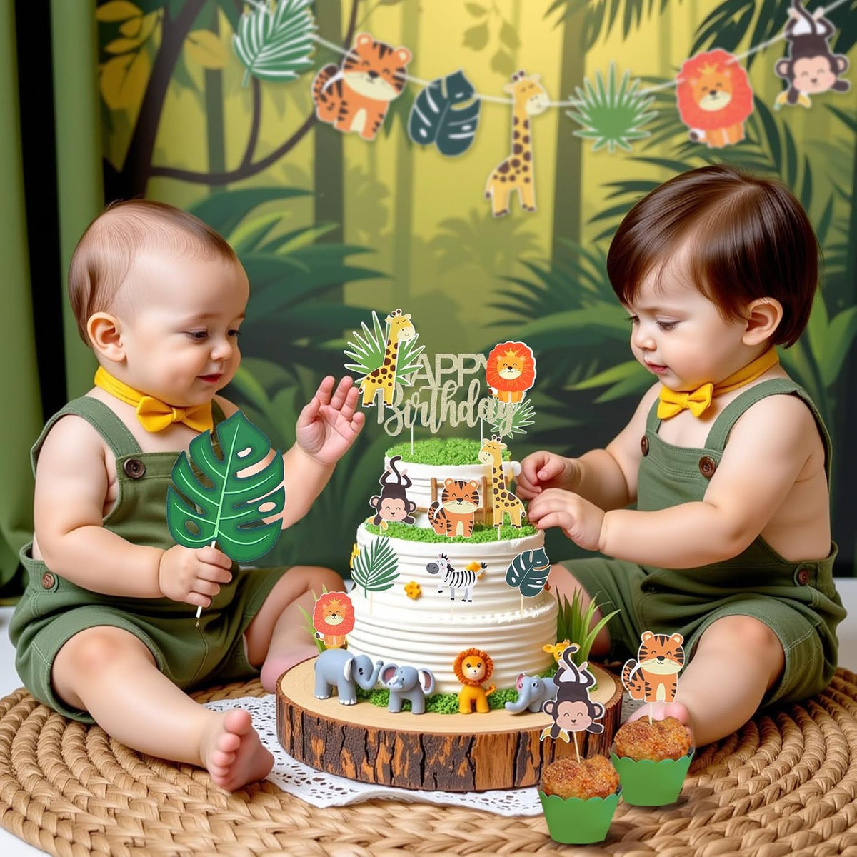 Safari Animal Cake Topper, Wild One Birthday Decorations,Safari Baby Shower Decoration,with Tropical Leaves,Cute Jungle Animals Cake Decor, for Girls Boys, Wild Theme Birthday Party Supplies