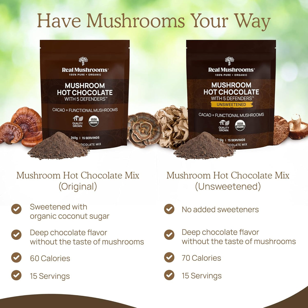 Real Mushrooms Organic Hot Chocolate Mix with Reishi, Turkey Tail, Chaga, Shiitake, Maitake – Cacao Powder Organic Mushroom– 5 Defenders Mushroom Cacao Powder, Vegan, Gluten-Free, 15 Servings