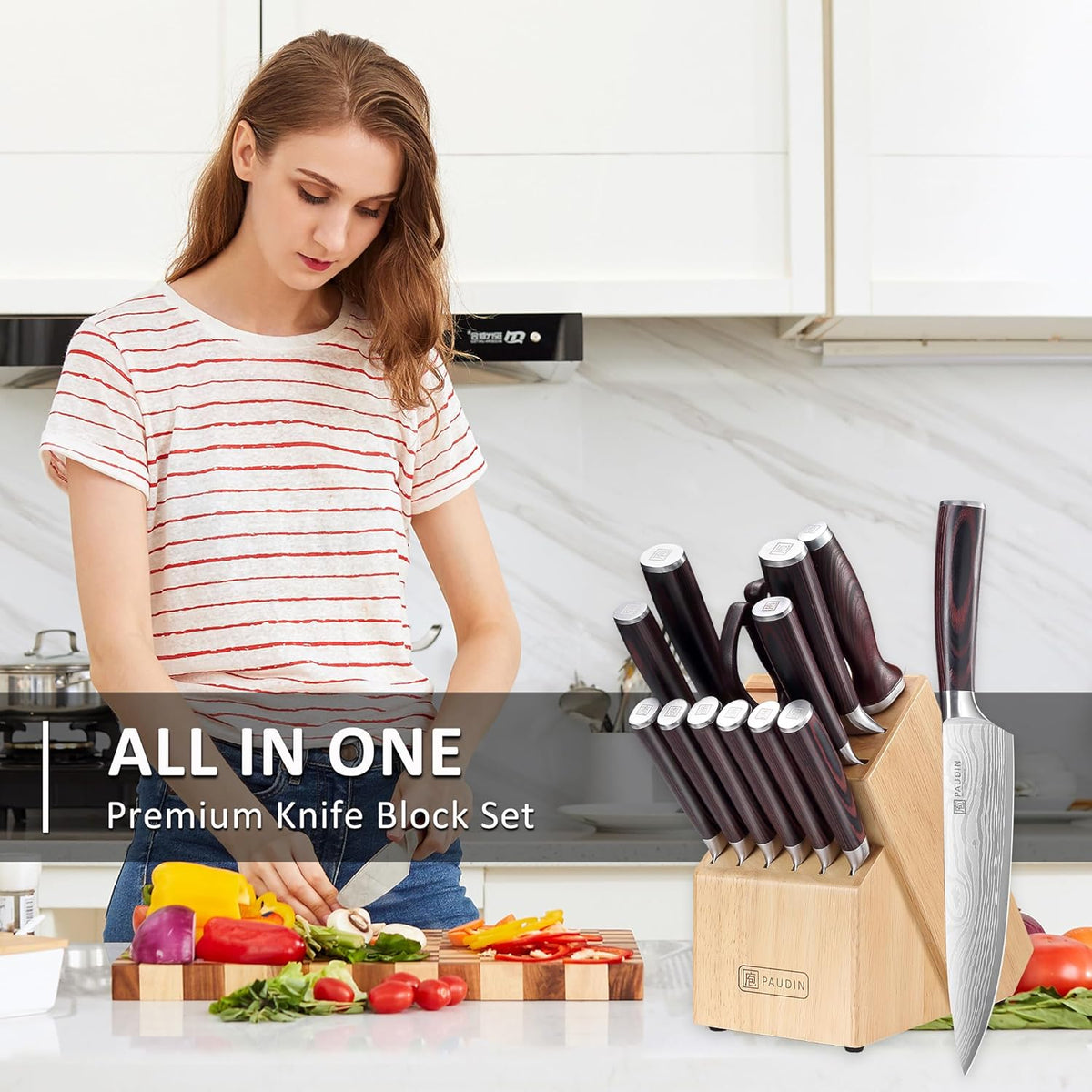 PAUDIN Kitchen Knife Set with Block, 14 Pieces Knife Sets for Kitchen with Block, High Carbon German Stainless Steel Sharp Chef Knife Set with Ergonomic Pakkawood Handle