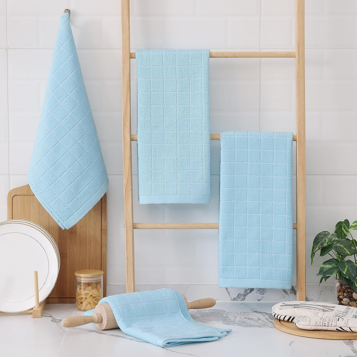Homaxy 100% Cotton Terry Kitchen Towels(Sky Blue, 13 x 28 inches), Checkered Designed, Soft and Super Absorbent Dish Towels, 6 Pack