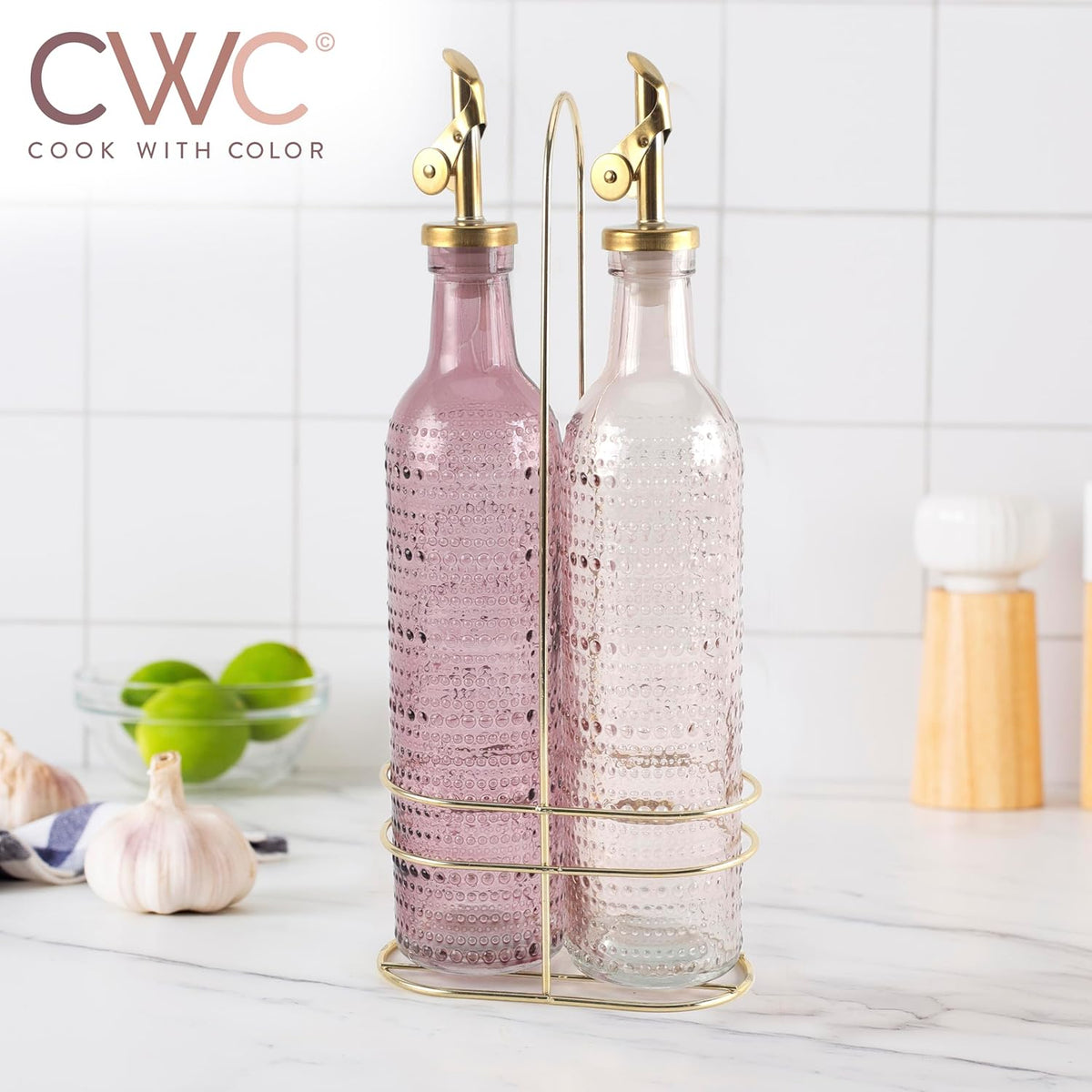 COOK WITH COLOR Glass Olive Oil Bottle Dispenser - 2 Pack- 17oz Oil and Vinegar Cruet - Olive Oil Carafe Decanter for Kitchen