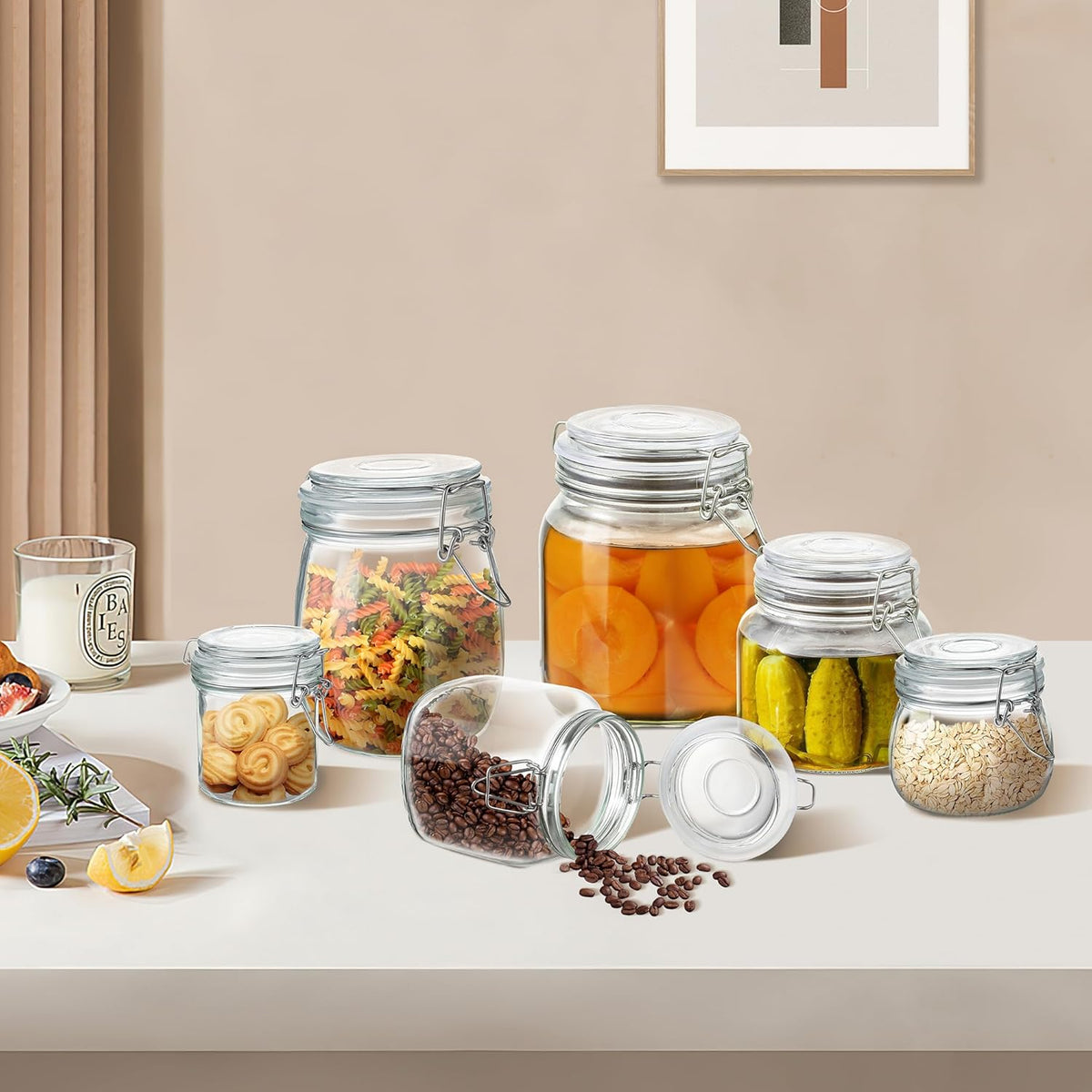 Glass Food Storage Jars with Airtight Lids 17 oz Square 4 Pack Kitchen Storage Containers Cabinet Canisters Sealed Pot Canning for Pasta, Cereal, Coffee, Beans, Spice