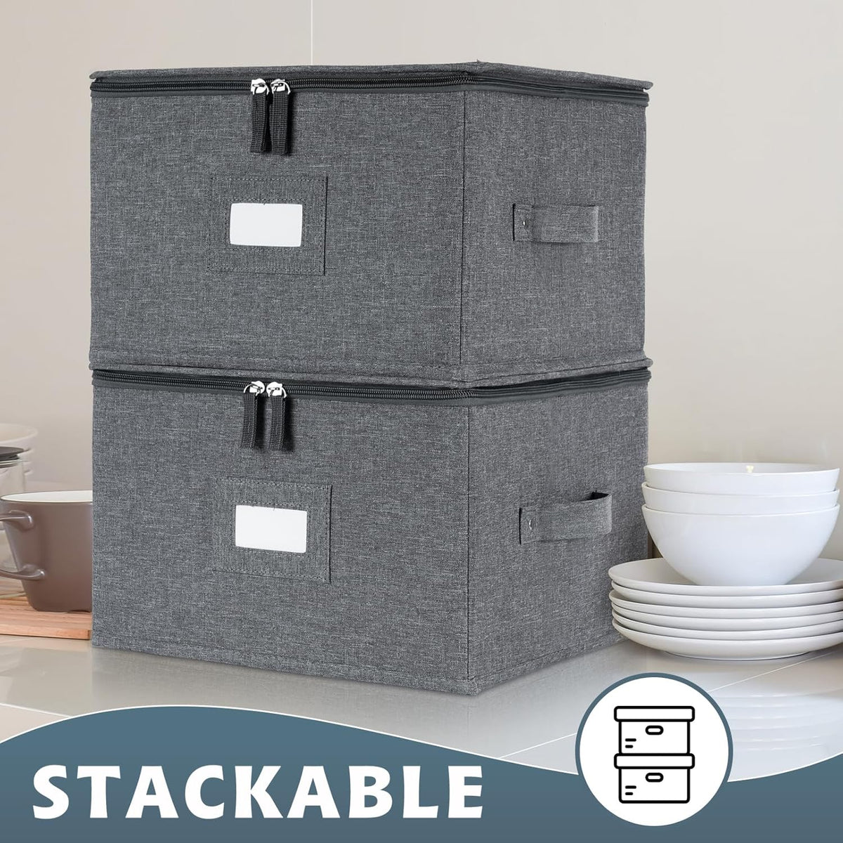 popoly China Storage Containers Inside 12" W x 8" H, Dinnerware Storage Box for Dishes Plate Storage with 24 Felt Dividers, Hold 24 Plates, Hard Shell and Stackable(4PACK