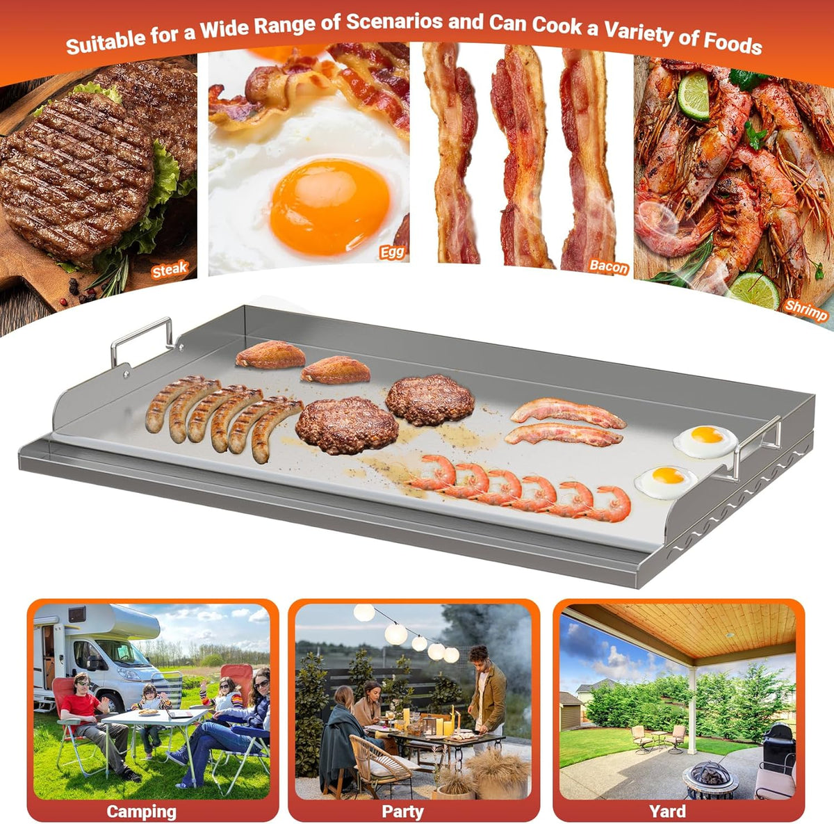 Skyflame 25"x16" Stainless Steel Griddle Plate for BBQ, Hibachi, Flat Top Grill with Even Heating, Grease Groove, Foldable Handles, Ideal for Charcoal/Gas Grills, Camping, Tailgating, Outdoor Cooking