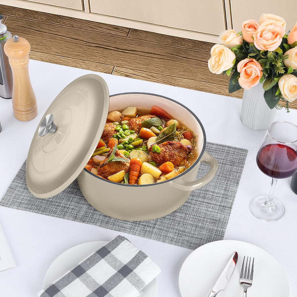 P&P CHEF 6QT Enameled Dutch Oven, Cast Iron Dutch Oven Pot with Lid for Bread Baking, Enameled Casserole Pot for Roasting Braising Stewing Frying Simmering, Various Stoves & Easy Clean, Khaki