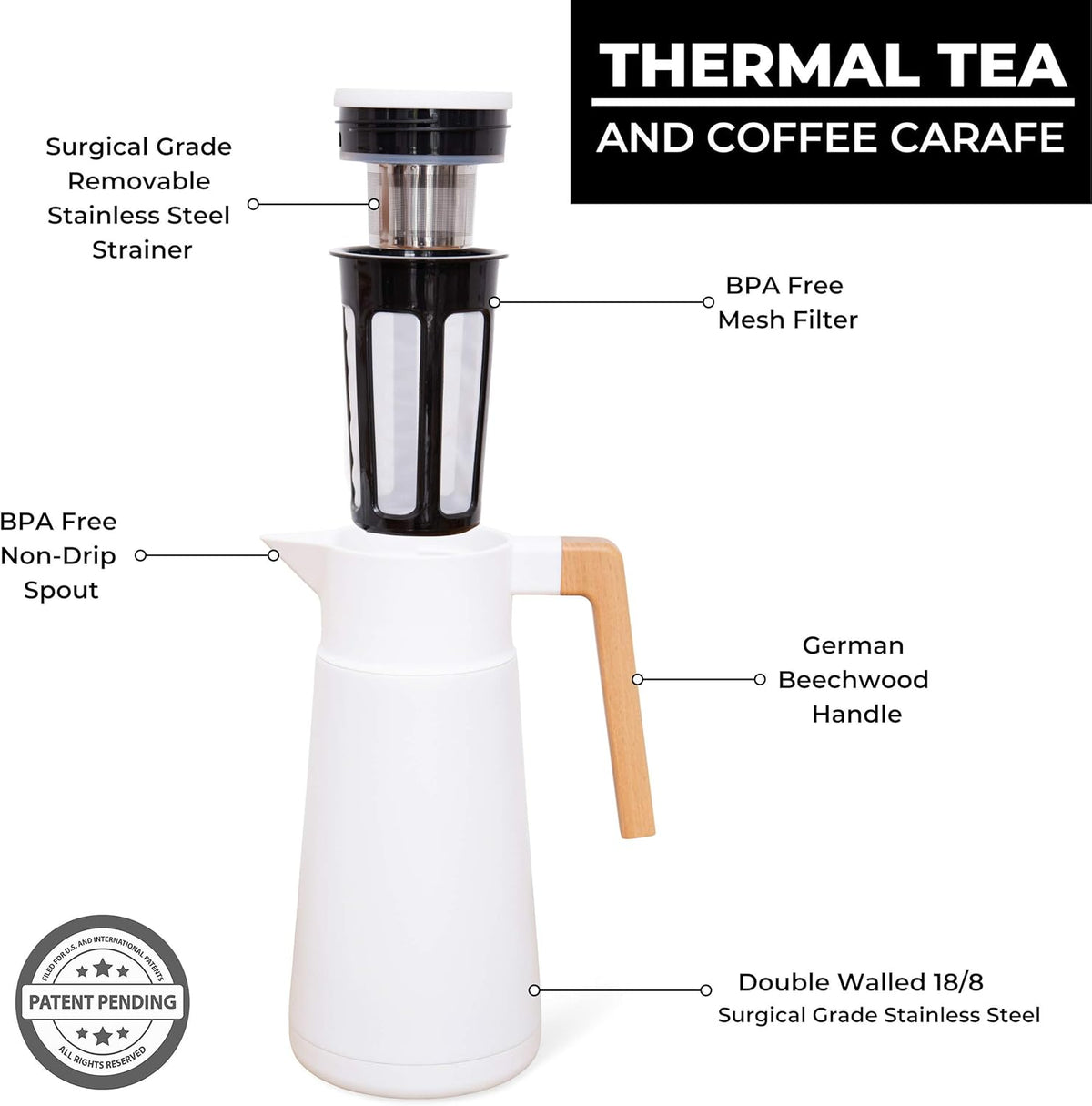 Hastings Collective Thermal Coffee Carafe 68 Oz - Large Stainless Steel Insulated Carafe - 2 Liter Double Walled Vacuum Thermos Coffee and Beverage Dispenser with Tea Infuser and Strainer (White)