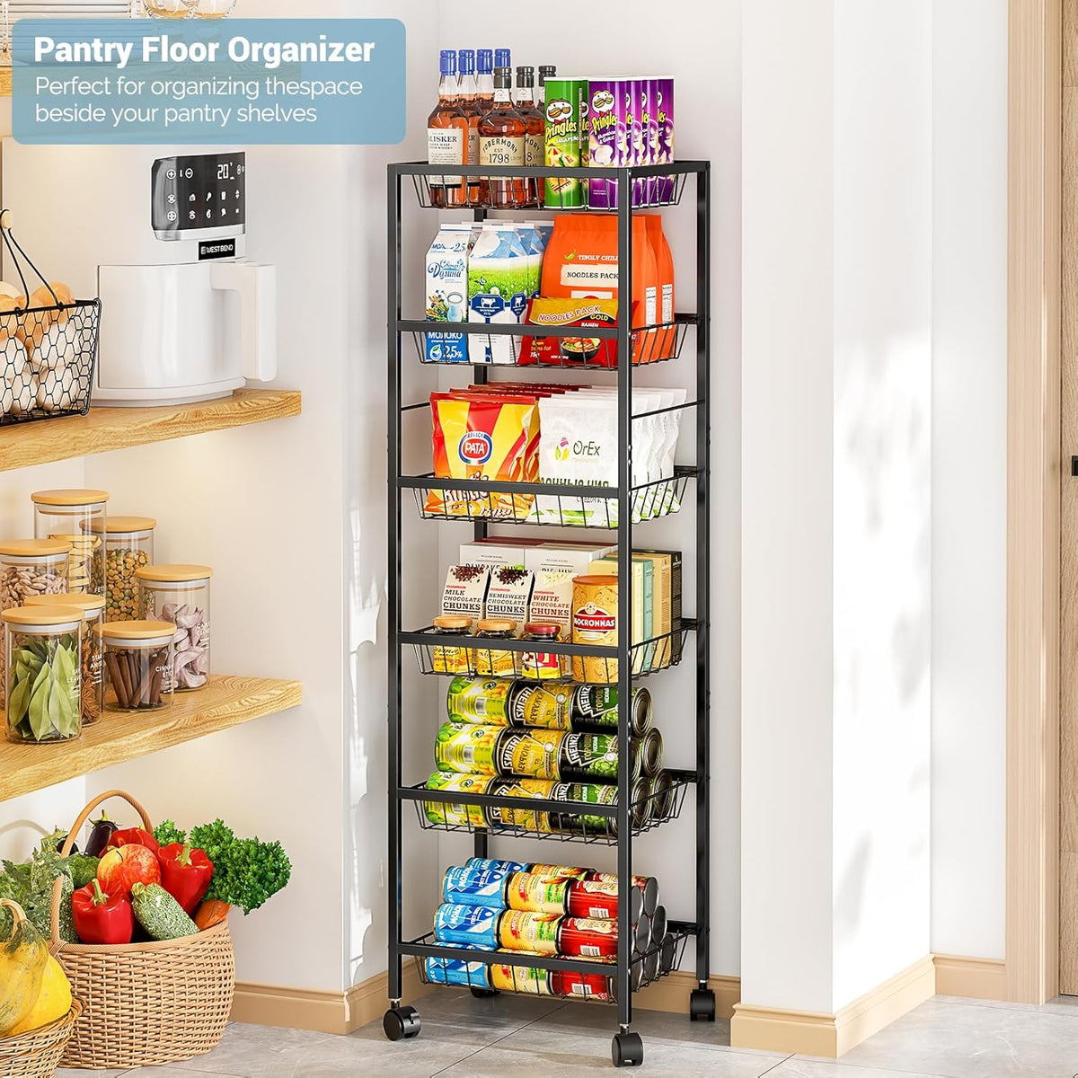 Fruit Vegetable Basket for Kitchen, 6 Tier Fruit and Vegetable Storage Cart, Metal Wire Storage Baskets with Wheels, Small Rolling Cart Organizer Rack for Pantry, Living Room, Bathroom