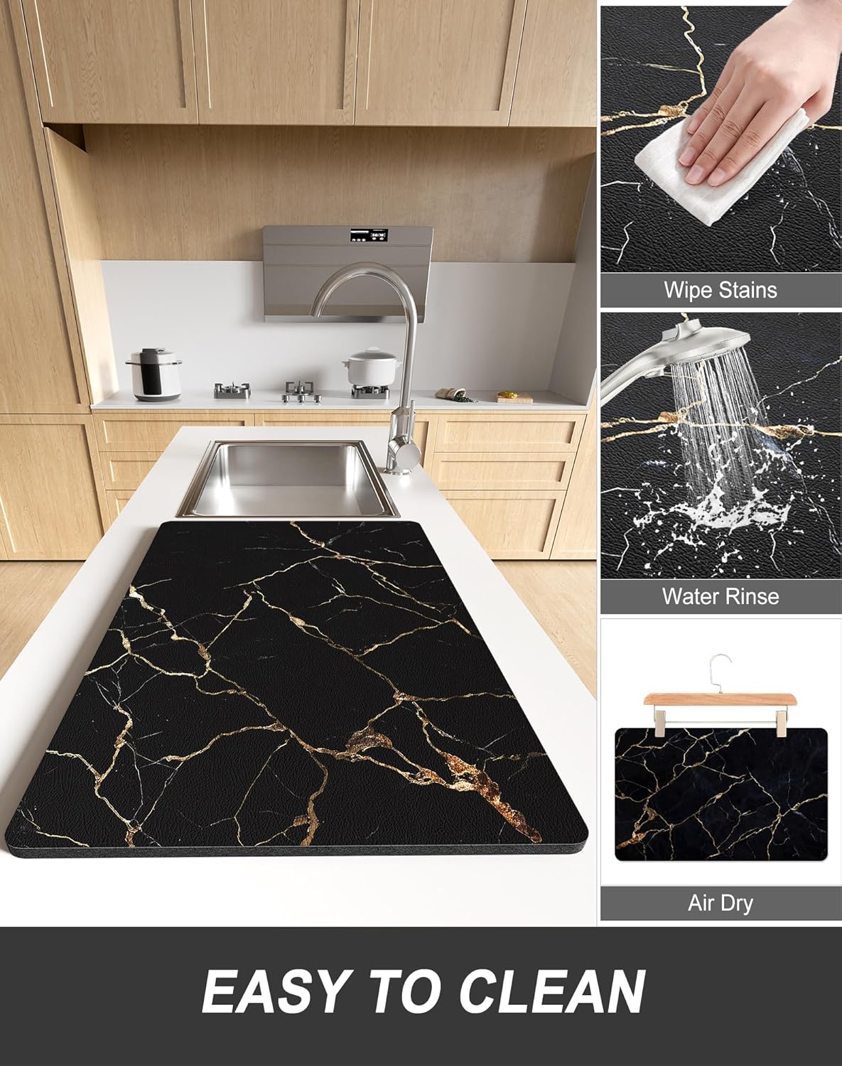 Rnivvi Dish Drying Mat for Kitchen Counter, 12 x 19" Cute Marble Super Absorbent Draining Pad, Non-Slip Heat Resistant Coffee Bar Mats for Coffee Machine Station Accessories, Black Gold Dish Rack Pad