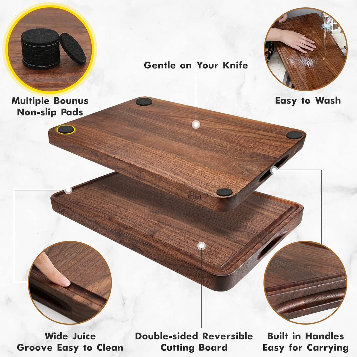 AZRHOM Large Walnut Wooden Cutting Board for Kitchen-17x11 Inch Wood Cutting Board with Juice Groove, Non-Slip Mats & Built-in Handles (Gift Box Included)