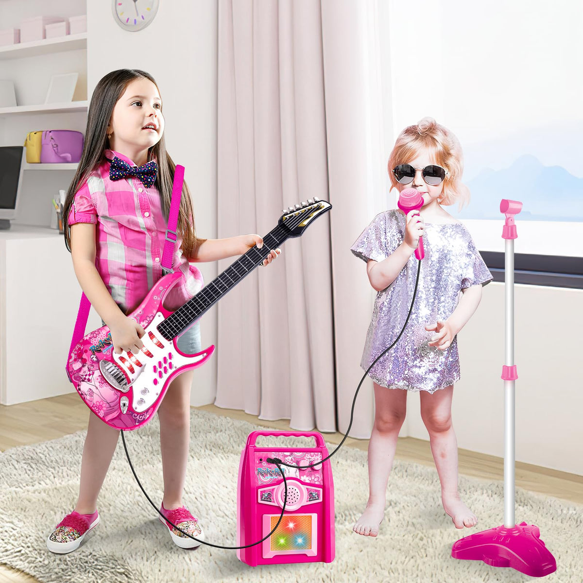 deAO Kids Electric Musical Guitar Toy Set with Mic & Amp,Lights & Sounds