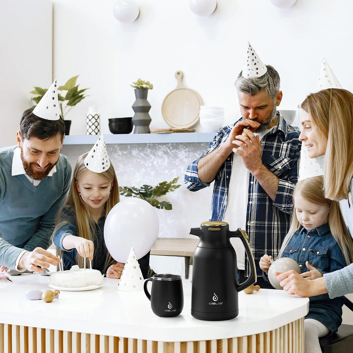 IDEUS Thermal Coffee Carafe 68oz (2,000ml), Stainless Steel Double Wall Insulated Vacuum Flask, Water Jug Coffee Server and Beverage Dispenser, Heat and Cold Retention (Black-Gold, 68oz (2,000ml))