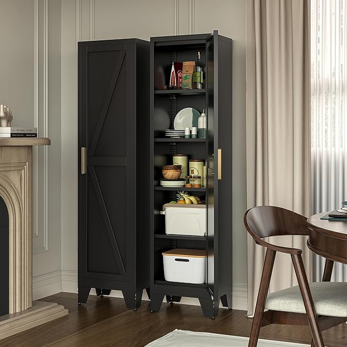 67" Tall Narrow Bathroom Metal Storage Cabinet with 4 Adjustable Shelves, Freestanding 5 Tier Slim Pantry Storage Cabinet for Small Space, Black