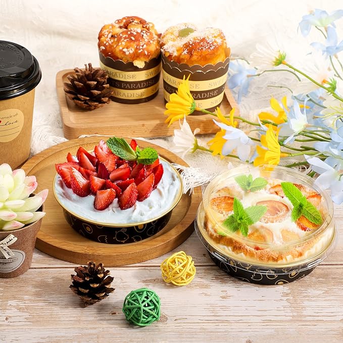 Beasea Mini Tart Pan 100 Pack with Lids, 4 Inch 8oz Gold Black Disposable Aluminum Baking Foil Tins Small Round Tart Containers for Individual Dessert Muffin Cheesecake Ramekins Quiche Oven Dishes