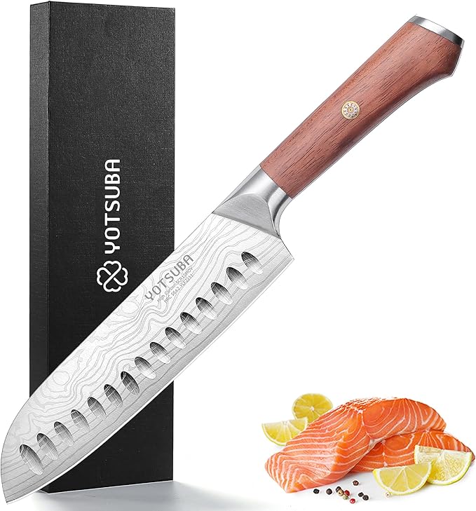 YOTSUBA Santoku Knife, 7 Inch Kitchen Knife, Sharp Japanese Knife with Wooden Handle, Forged High Carbon German Stainless Steel, Chef Knife for Home Chopping Vegetable and Cooking