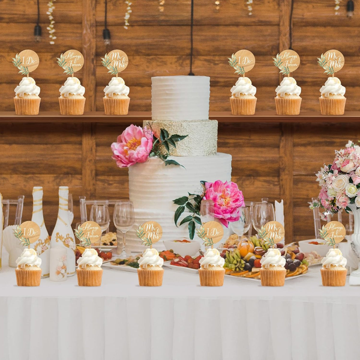 12 PCS Greeny Wedding Cupcake Toppers in Wood Mr & Mrs Engagement Cupcake Decorations