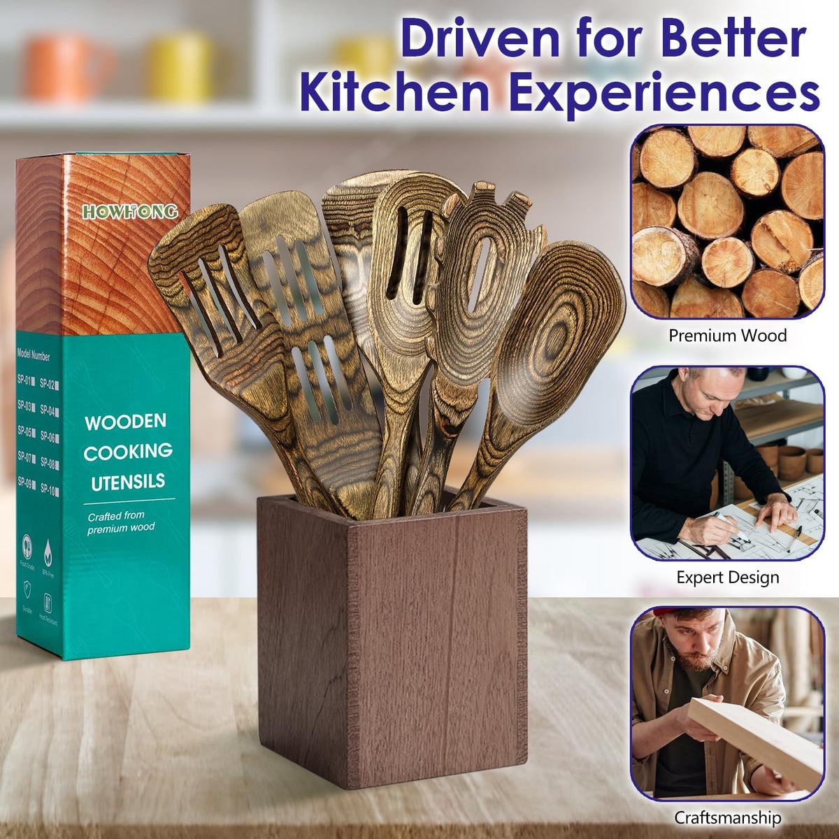 Kitchen 6-Piece Pakkawood Kitchen Utensil Set – Wooden Cooking Spoons with Slotted Spatula, Turner, Spaghetti Spoon & Fish Spurtle, Long Handle Design (Granite) by Howhong