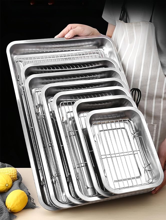 Roasting Pan Heavy Duty Stainless steel Turkey Pans for Oven,Toaster Oven Tray Pans with cooling rack,Hotel Pan, Barbeque Grill Pan,Deep Edge,Mirror treatment, Dishwasher Safe (15.5"x11.6"x2.8")