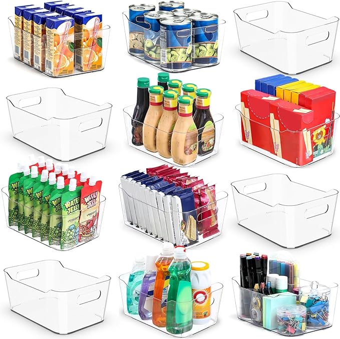 12 PACK Multi-Use Clear Plastic Storage Bins for Organizing w/ Labels - Home, Kitchen, Bathroom, Office, Pantry Cabinet Shelf Organizer Bins - SOHO Collection, RV, Fridge Organization Containers