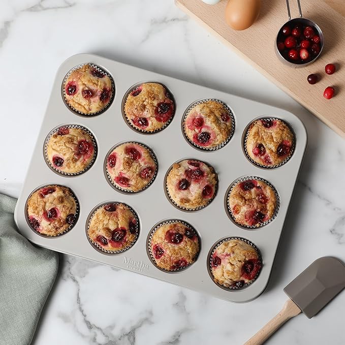 Martha Stewart Gallen 12-Cup Nonstick Carbon Steel Muffin and Cupcake Pan – Cool Grey, Durable Bakeware for Even Baking and Easy Release