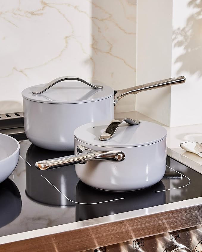 Caraway Nonstick Ceramic Sauce Pan with Lid (1.75 qt) - Non Toxic, PTFE & PFOA Free - Oven Safe & Compatible with All Stovetops (Gas, Electric & Induction) - Cream