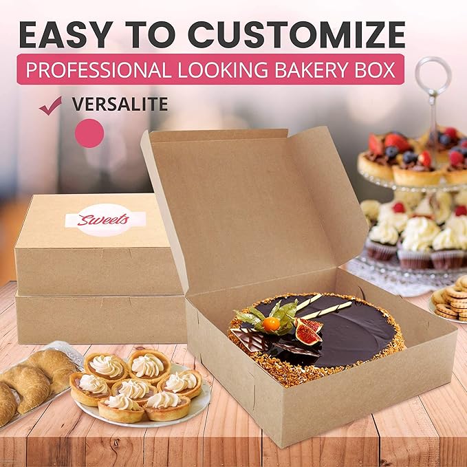 Fit Meal Prep 10 Pack Kraft Bakery Boxes, 9 x 9 x 3 Inches Brown Pastry Boxes, Cardboard Treat Boxes Pie Boxes Cookie Boxes Dessert Boxes for Cupcakes, Chocolates, Donuts, Macarons